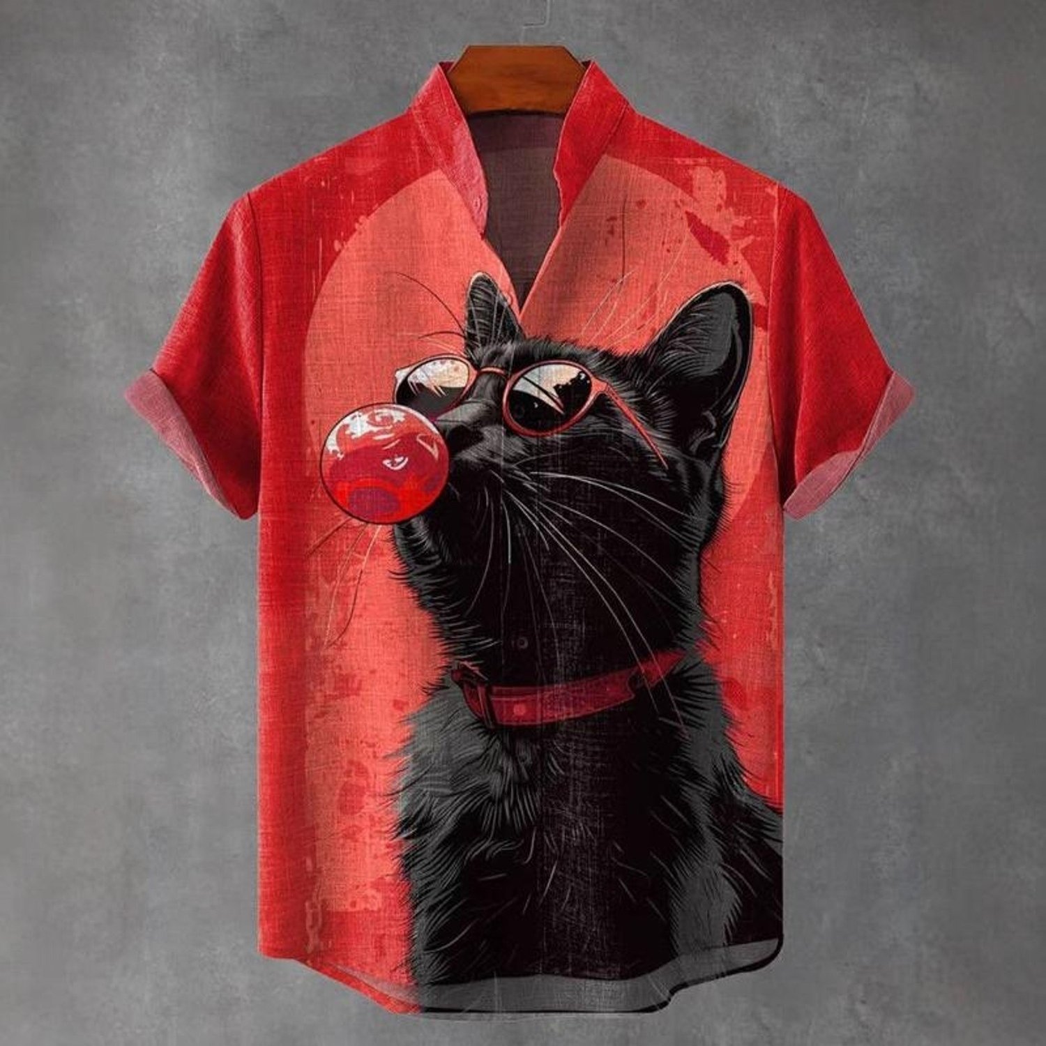 Image of Men's Shirt, Red Short-sleeved With Black Cat Graphic, Stand-collar , Digital Printed Polyester Top, Casual Comfortable Daily Wear, Multiple Sizes , Mixed Color, Artistic Splash Texture, Display