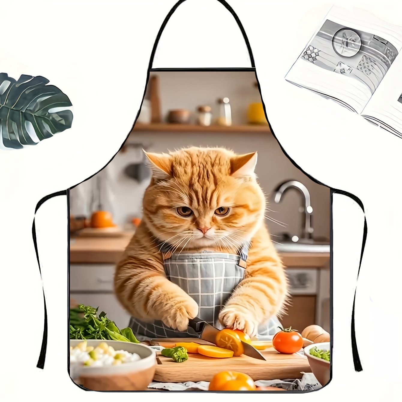 Image of 1pc Funny Cooking Cat Cartoon Apron - Polyester Fabric, Adorable Ginger With Kitchen Utensils, Adult Size, Hand Wash Only, Cooking Attire | Vibrant Print Apron | Glossy Fabric