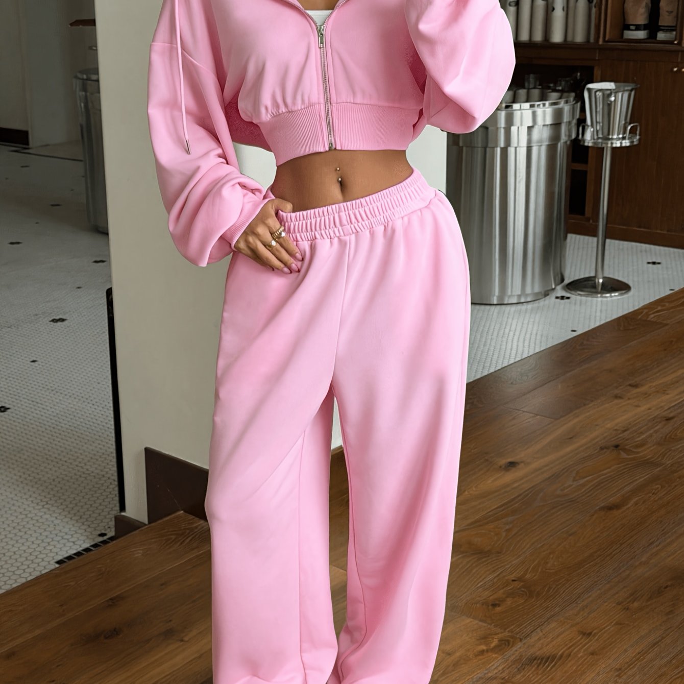 TEMU Women's Soft Autumn Casual Loose Hooded Zip-up Long Sleeve Sweatshirt And Sweatpants Set, Airport Casual Wear, Street Style Y2k Comfortable