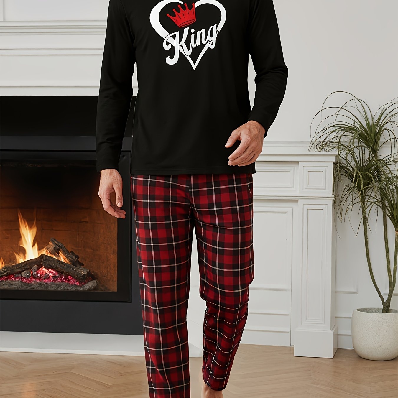 TEMU King Queen Letter Print Pattern Men's Long Sleeve Long Pants Loungewear Set