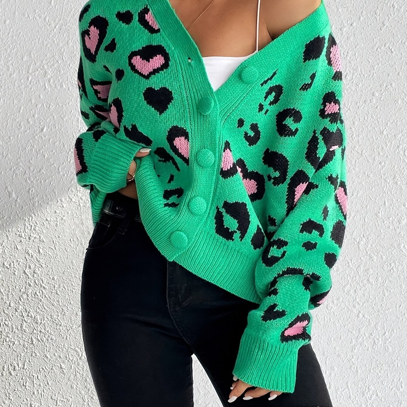 Women's Spring/autumn Jacquard Versatile Fashionable Leopard Print Elegant Style Casual Sweater Cardigan Valentine's Day Gift