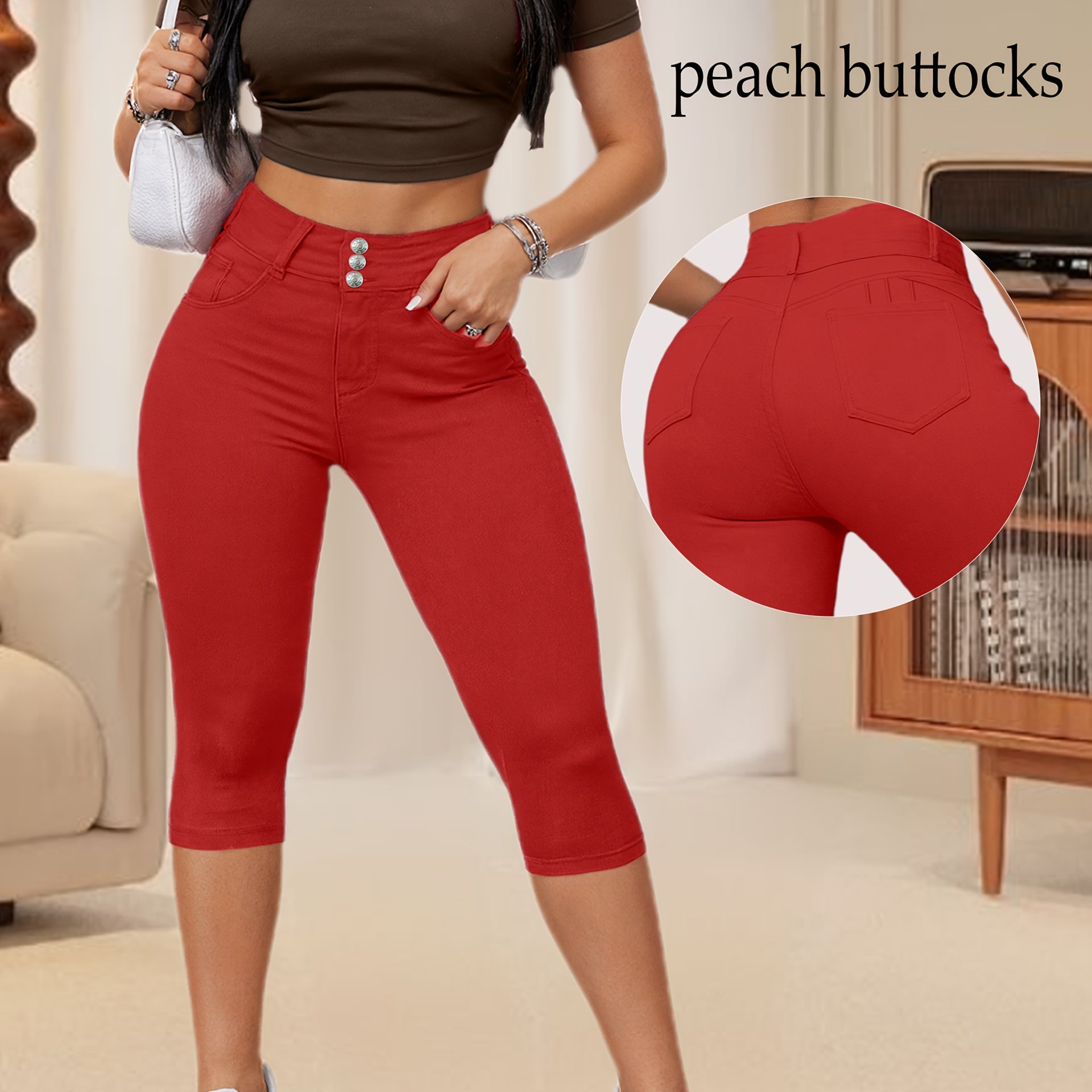 Women's Three-button Elegant Fashion Stretch High-waisted -lifting Slim Fit Denim Capri Pants