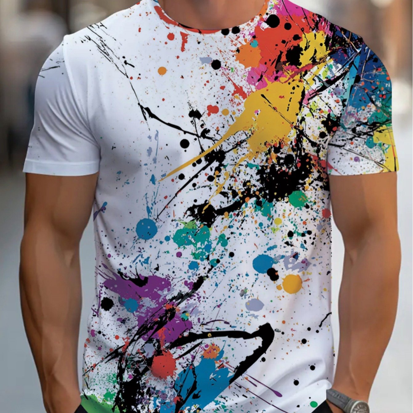 TEMU Men's Lightweight Polyester Short-sleeve T-shirt With A Colorful Splatter Design, Ideal For Casual , Outdoor Activities, And Daily Wear. It