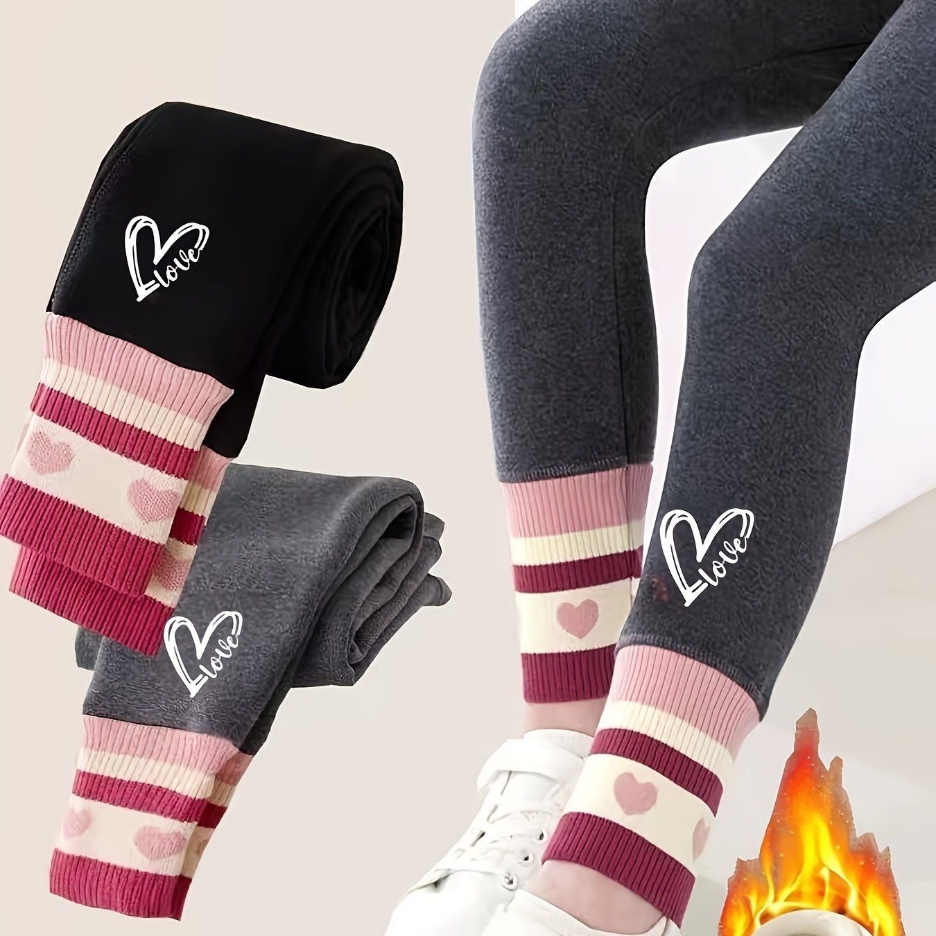 Image of 2pcs Girls' Leggings, -lined And Thickened For Fall/winter, School Girl Winter/autumn Clothing, Warm And Slim-fitting Ankle Pants