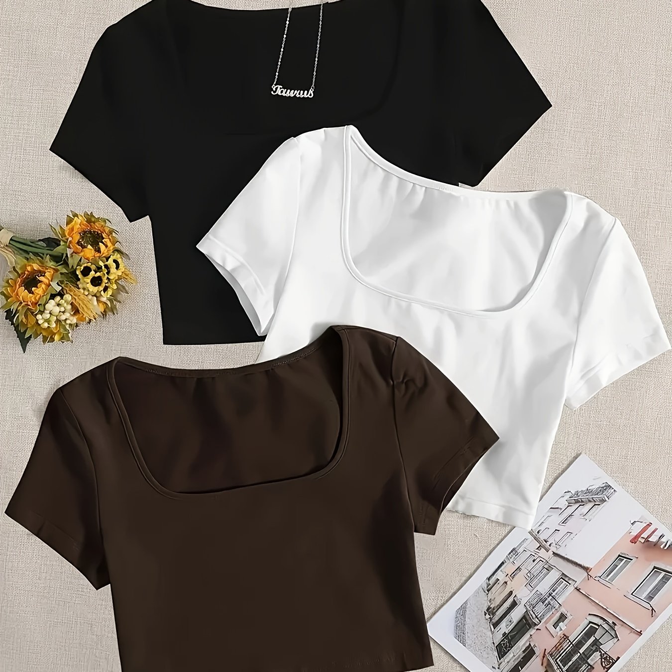 TEMU Y2k 3pcs Basic Slim Fit Short Top, Short-sleeved Square Collar Solid Color T-shirt, Daily Casual Top, Sexy Casual Women's Clothing