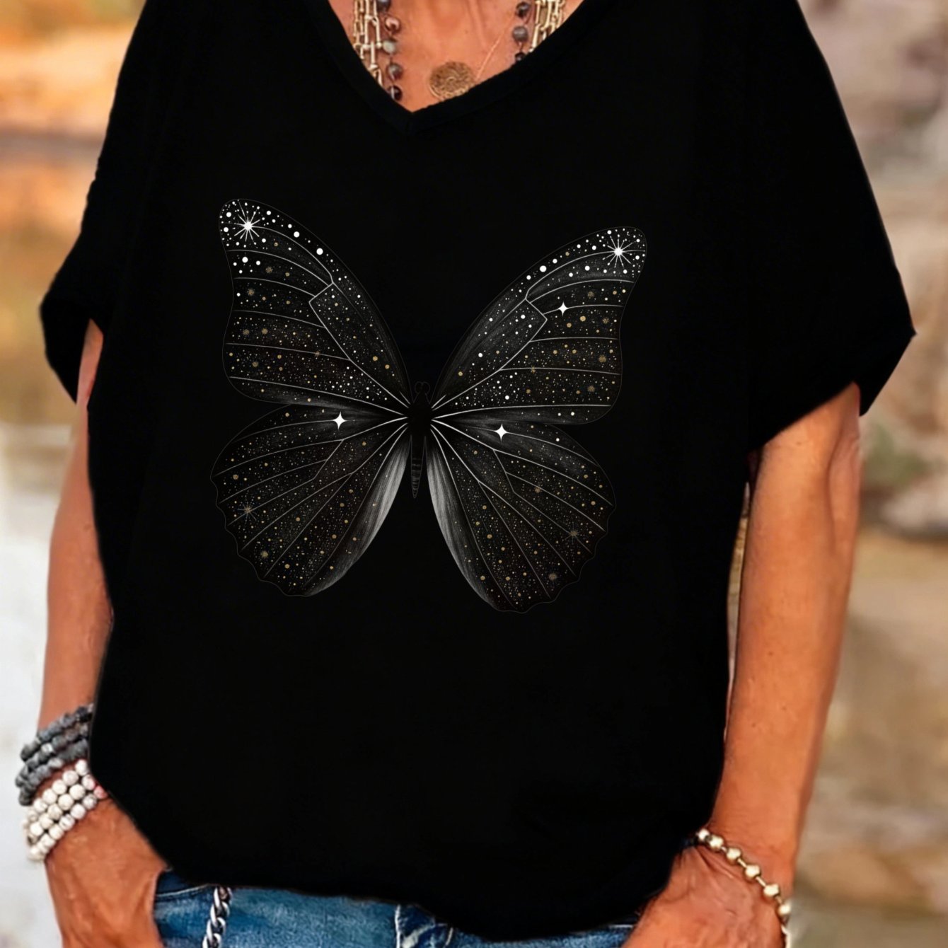 TEMU Plus Size Casual Fashion Women's V-neck Batwing Sleeves T-shirt Print Summer Outfit Gift For Her