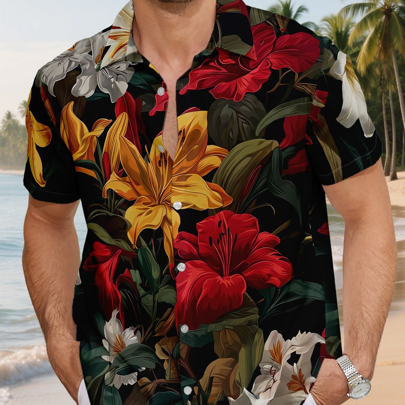 TEMU Men's Short-sleeve Shirt Featuring A Vibrant Lily Floral Print Design. This Stylish And Breathable Top Is Perfect For Casual Wear, Showcasing