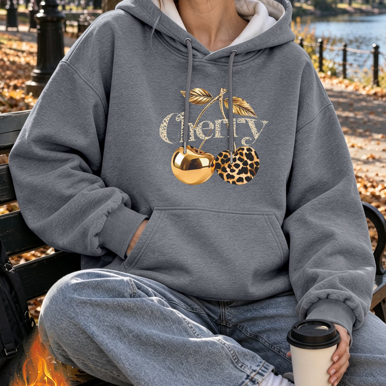 Image of Autumn Winter Women's Fashionable Loose Drop-shoulder -lined Hoodie With Cherry Pattern And Text Print, Warm Comfortable Casual Pullover With Pockets And Drawstring