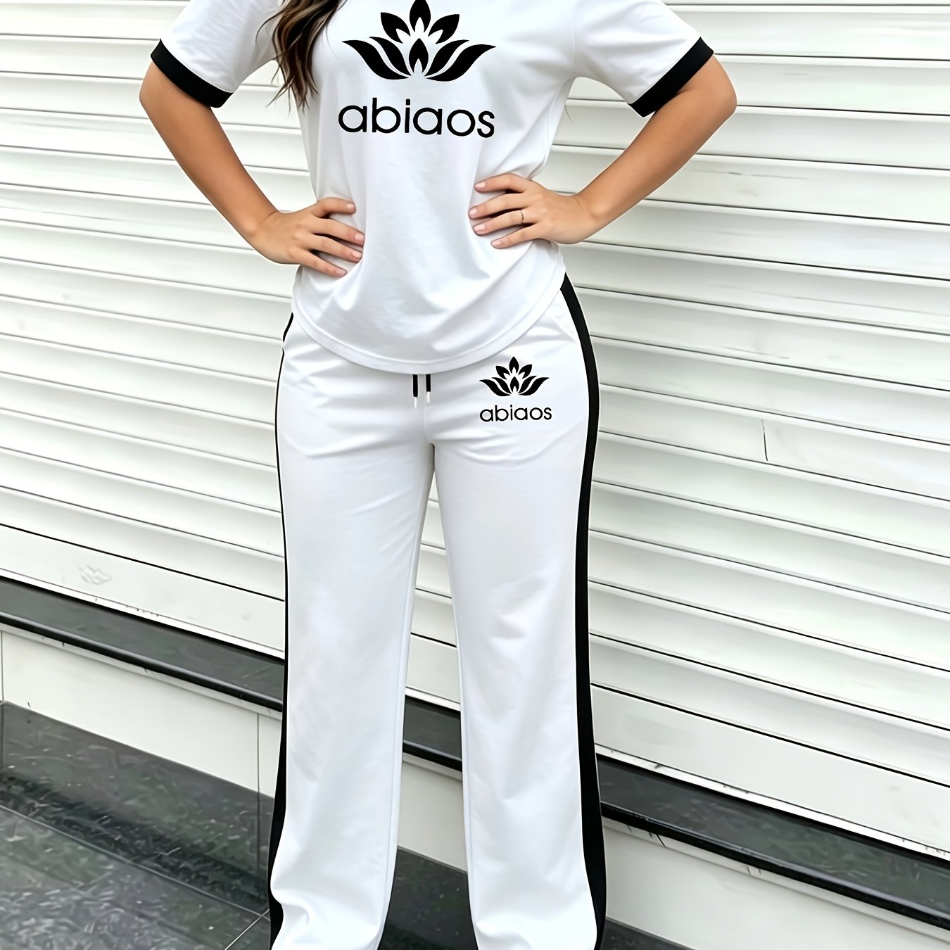 TEMU Ensemble d'été pour femmes, tenue décontractée tendance deux pièces, haut à manches courtes à col contrasté et pantalon ample à jambes larges,