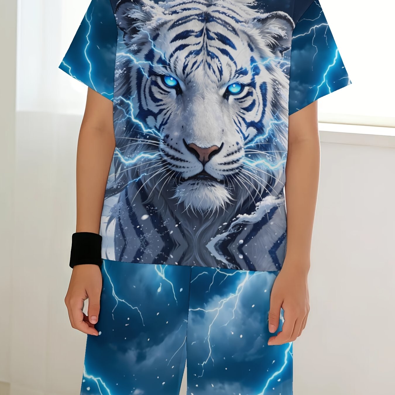 TEMU [printed Design - Not Texture] Tiger Print Summer Short Sleeve & Shorts Set, Teen, Casual Versatile 2pcs Outfit, Suitable For 13-16 Years Old,