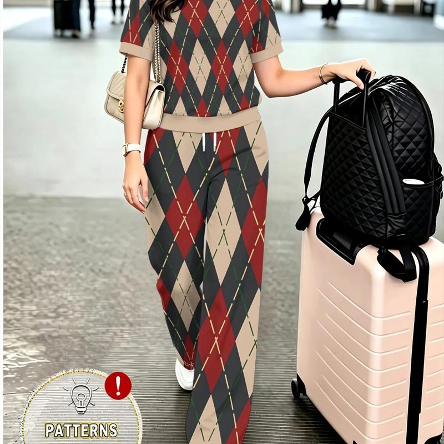 TEMU Rice Black Contrast Vintage Checkered Print Round Neck Short Sleeve Drawstring Wide-leg Long Pants Set Women's British Style Airport Travel Soft