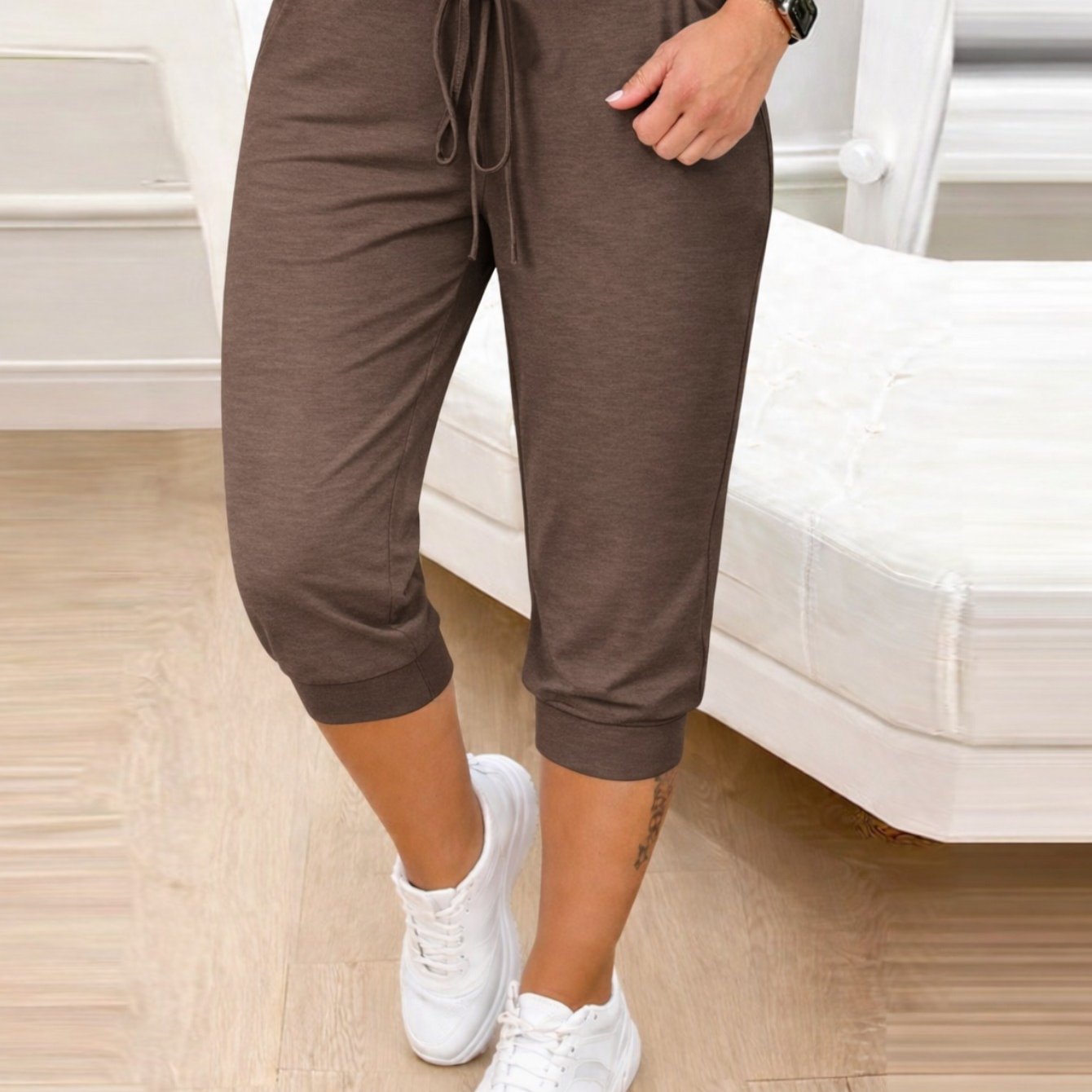 TEMU Pantalones Capri de Moda Casual para Mujer con Cintura Elástica y Cordón Ajustable en Color Sólido