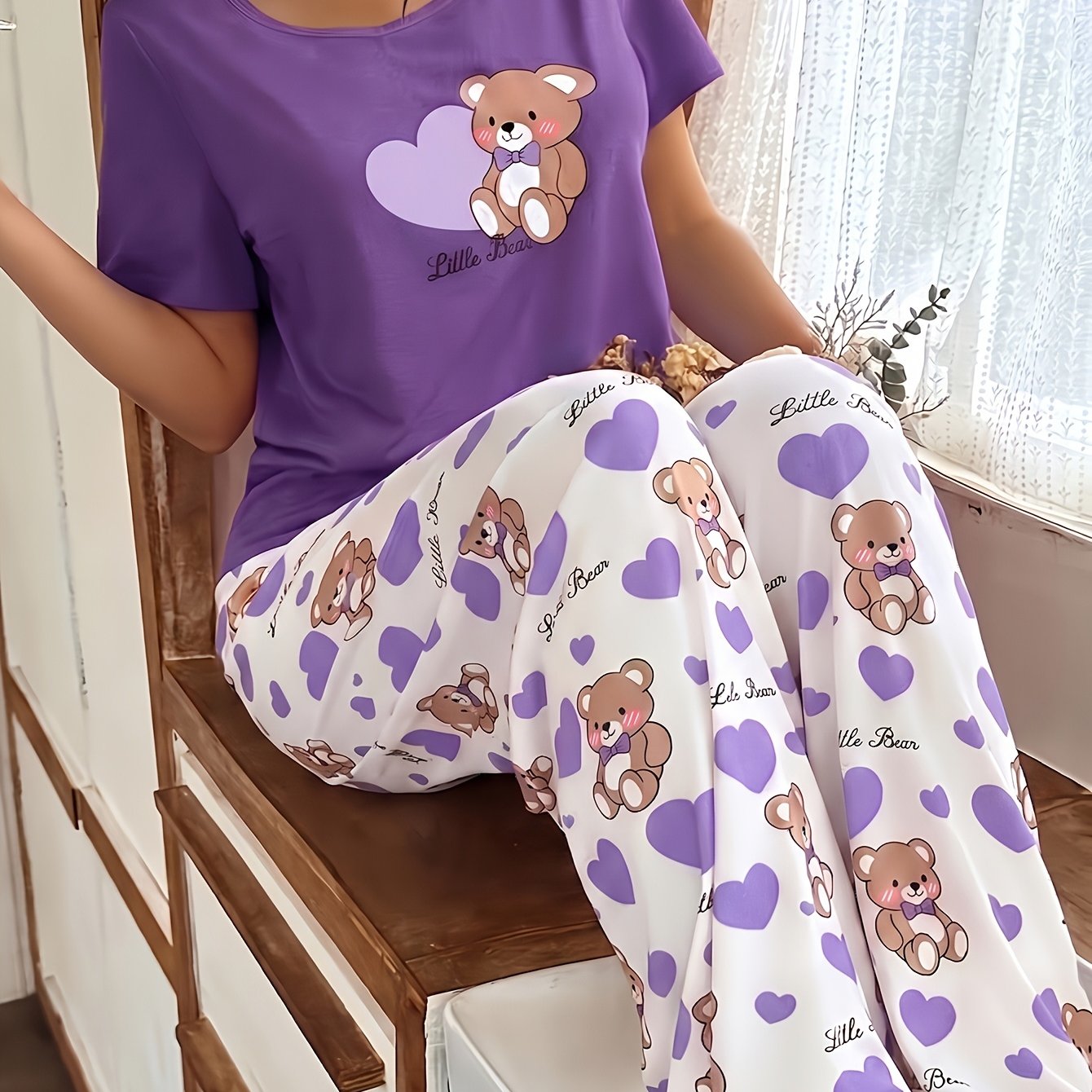 TEMU Ensemble de pyjama pour femmes à manches courtes et pantalon long décontracté avec imprimé ours à cœur de dessin animé, ensemble de pyjama ours