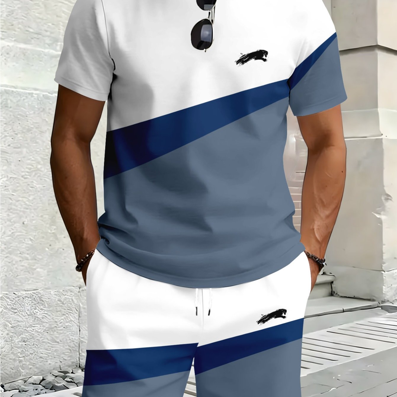 TEMU Men's Athletic Suit, Men's Summer Loose Short Sleeve Shorts 2pcs Set, Featuring Leopard Print Logo