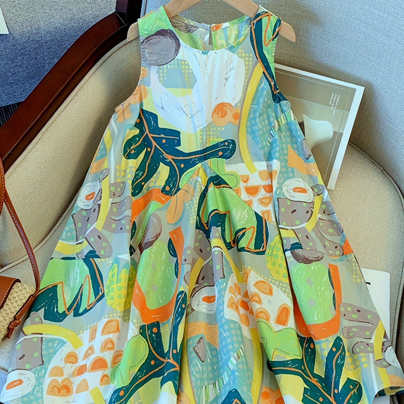 Summer Lightweight Dress For Girls, Featuring Graffiti Design, Perfect For The Beach. A Stylish New 2026 Collection For Little Girls, This Beautiful Princess Dress Is A Trendy For Vacations And