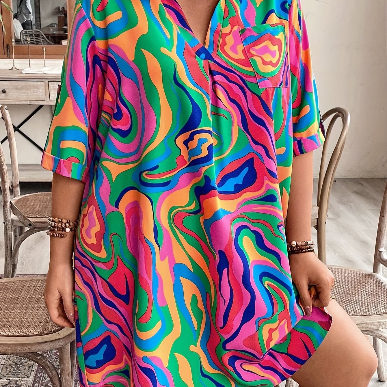 Plus Size, Plus Size Women's New Arrival Shirt Dress With European And American Fluid Print, Half Sleeve Casual Spring/autumn Style