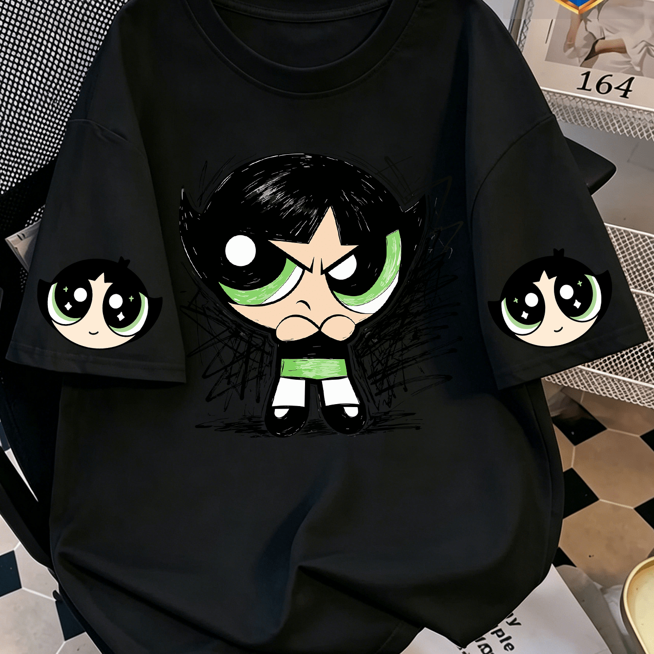 TEMU Powerpuff Maomao Angry Full Body Sketch   Simple Big Head Pattern Printed Women's T-shirt, Women Fashion Short Sleeve T-shirt, Daily Leisure And
