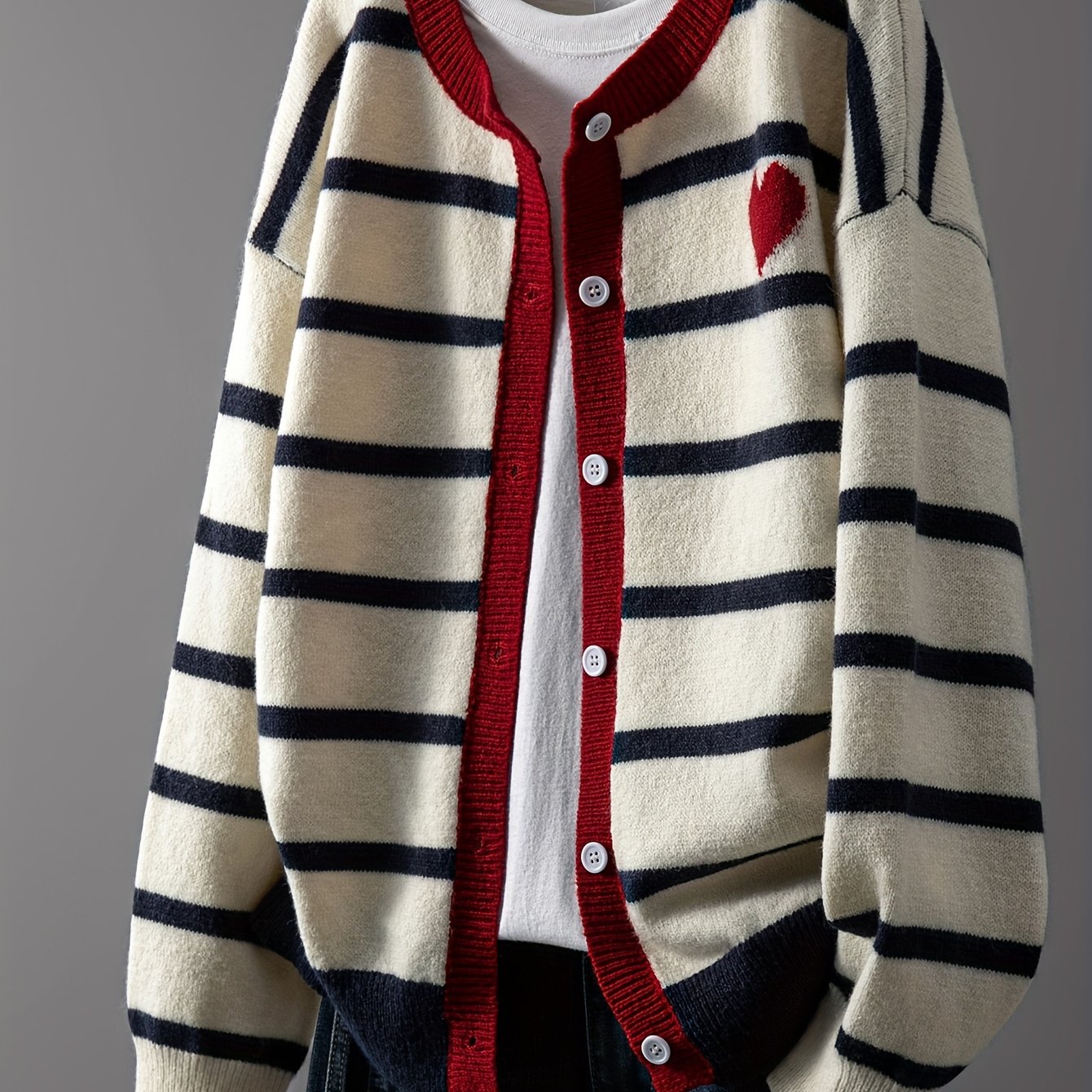 Image of Button Front Striped Pullover Sweater Striped Open Front Cardigan Fashion Women's Clothing Valentine's Day Sweater Women's Clothing