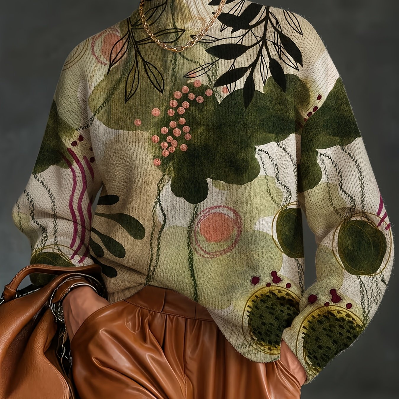 TEMU [2d Digital Printing] Graffiti Pattern Women's Printed Pullover, Long Sleeve High Neck Sweater, Soft Material, Suitable For Autumn And Winter,