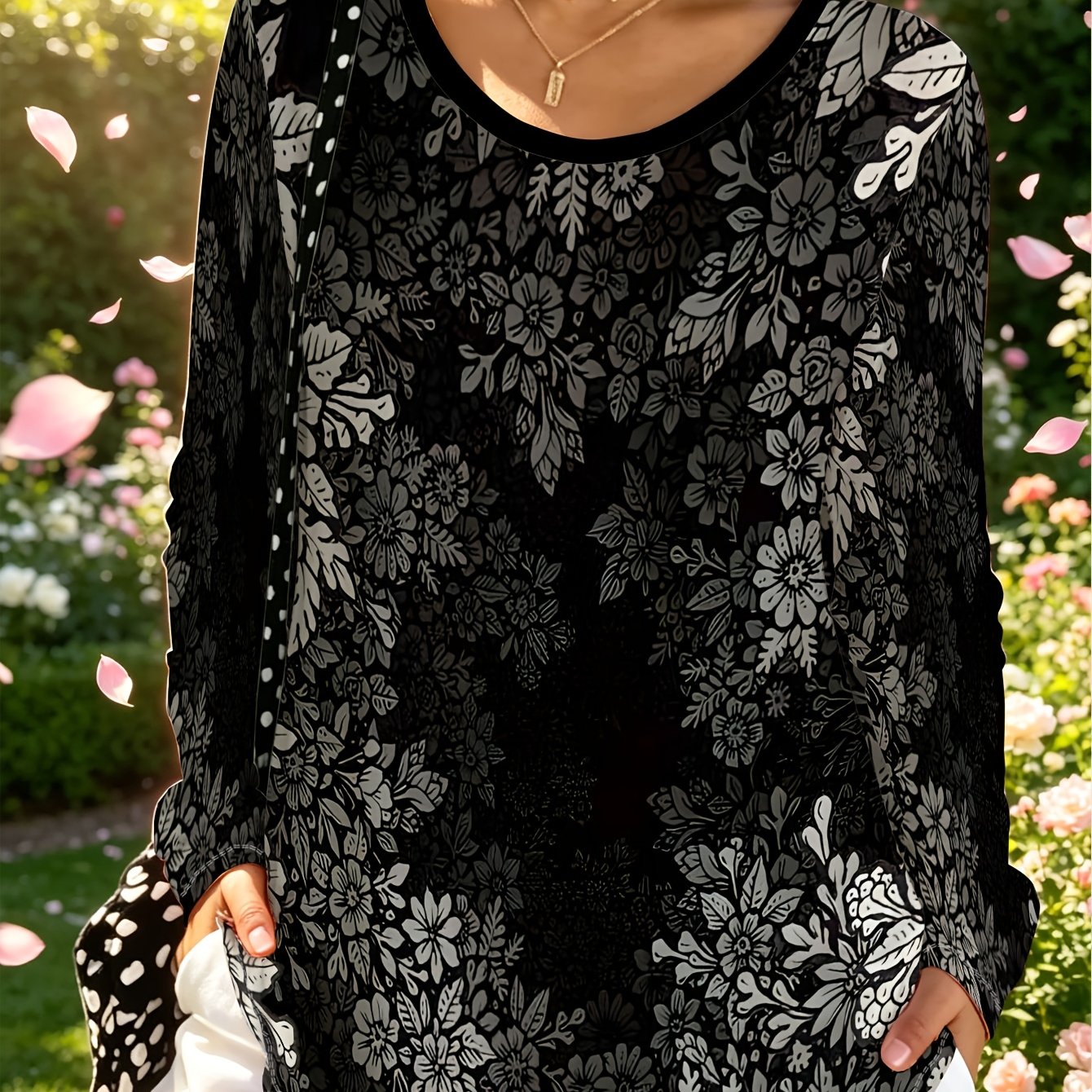 TEMU Plus Size Casual Women's Black Printed Loose Long Sleeve Top, Women's Casual Round Neck Pullover, Fashion Floral Pattern Comfortable