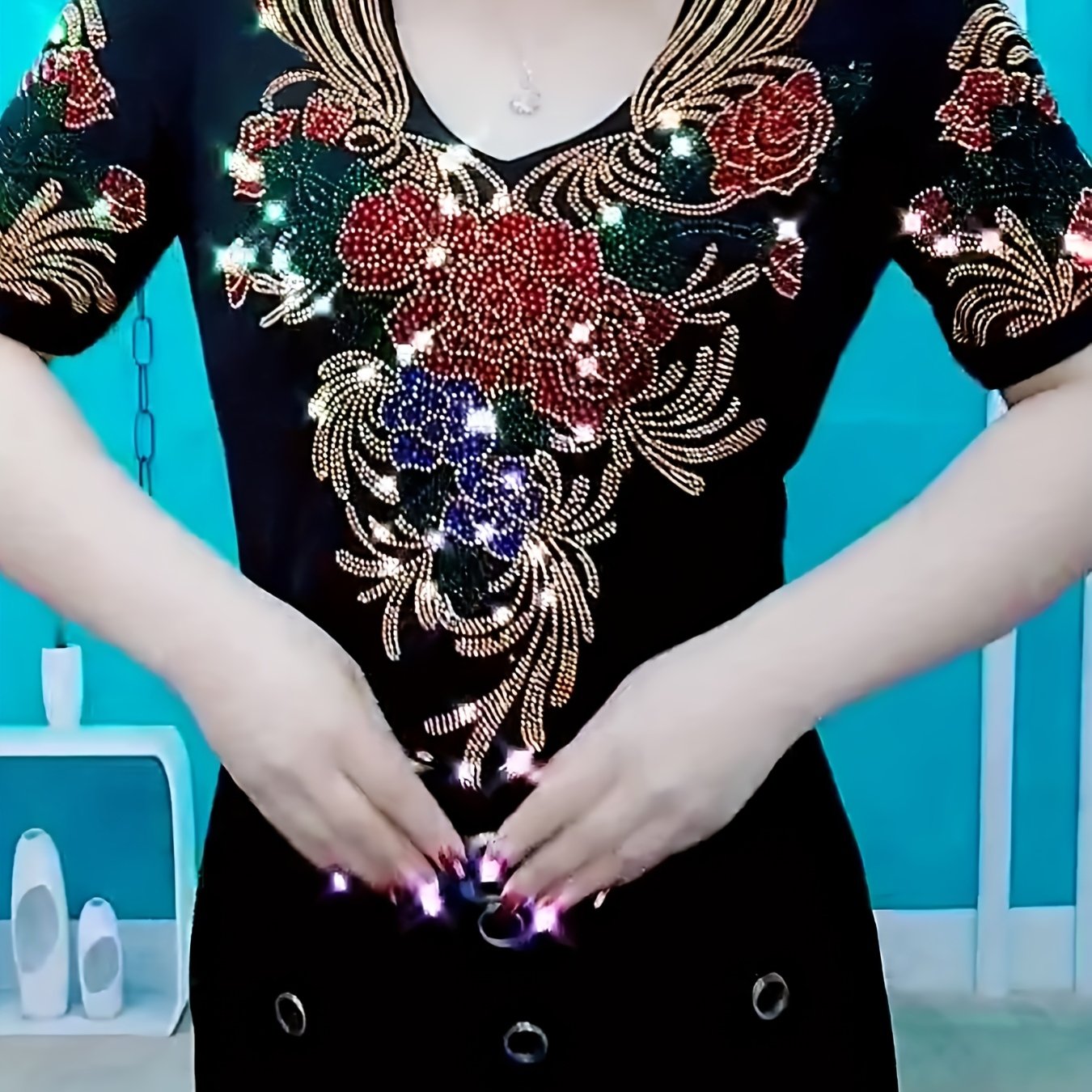 Image of Women's Short-sleeve T-shirt With Rhinestones, Beautifully Designed Top, Thin Stylish Layer, Black V-neck Short-sleeve Top With Rhinestones, Exquisite Floral Pattern, Delicate Rhinestone