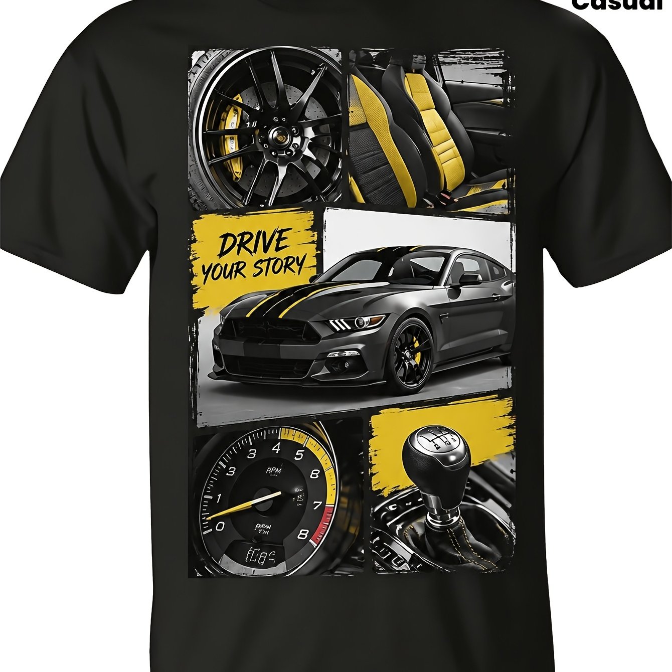 Image of Men's Graphic T-shirt, Car Parts Collage With Wheel, Seats, Speedometer And Gear Shift, Drive Print, Streetwear Style, Ideal For Casual Daily Wear