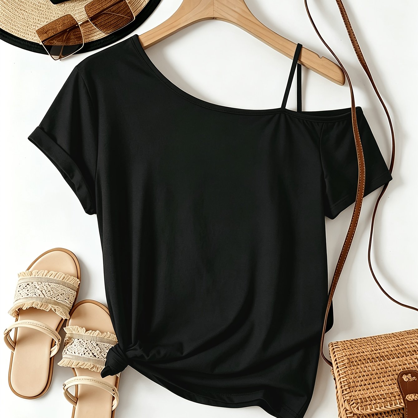 TEMU Women's Casual And Comfortable Off-shoulder Collar T-shirt, Single Shoulder Strap Design, Sexy Off-shoulder Detail, Versatile For , A Must-have