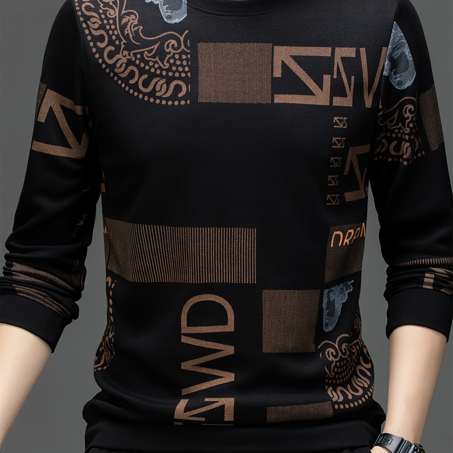 TEMU Men's Letters & Geometric Patterns Print Sweatshirt, Casual Trendy Long Sleeve Pullover As Gift