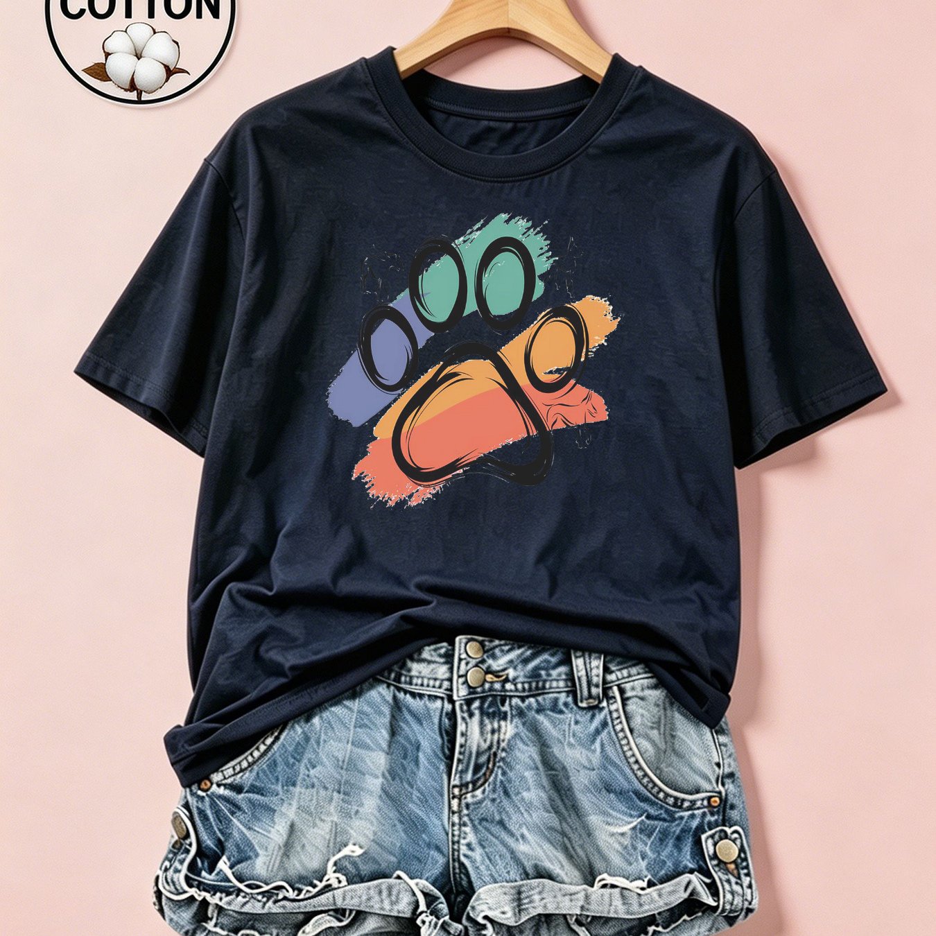 100% Colorful Paw Print Graphic Tee: Loose Fit Summer Casual For Women, And Style The Creative Gift Idea