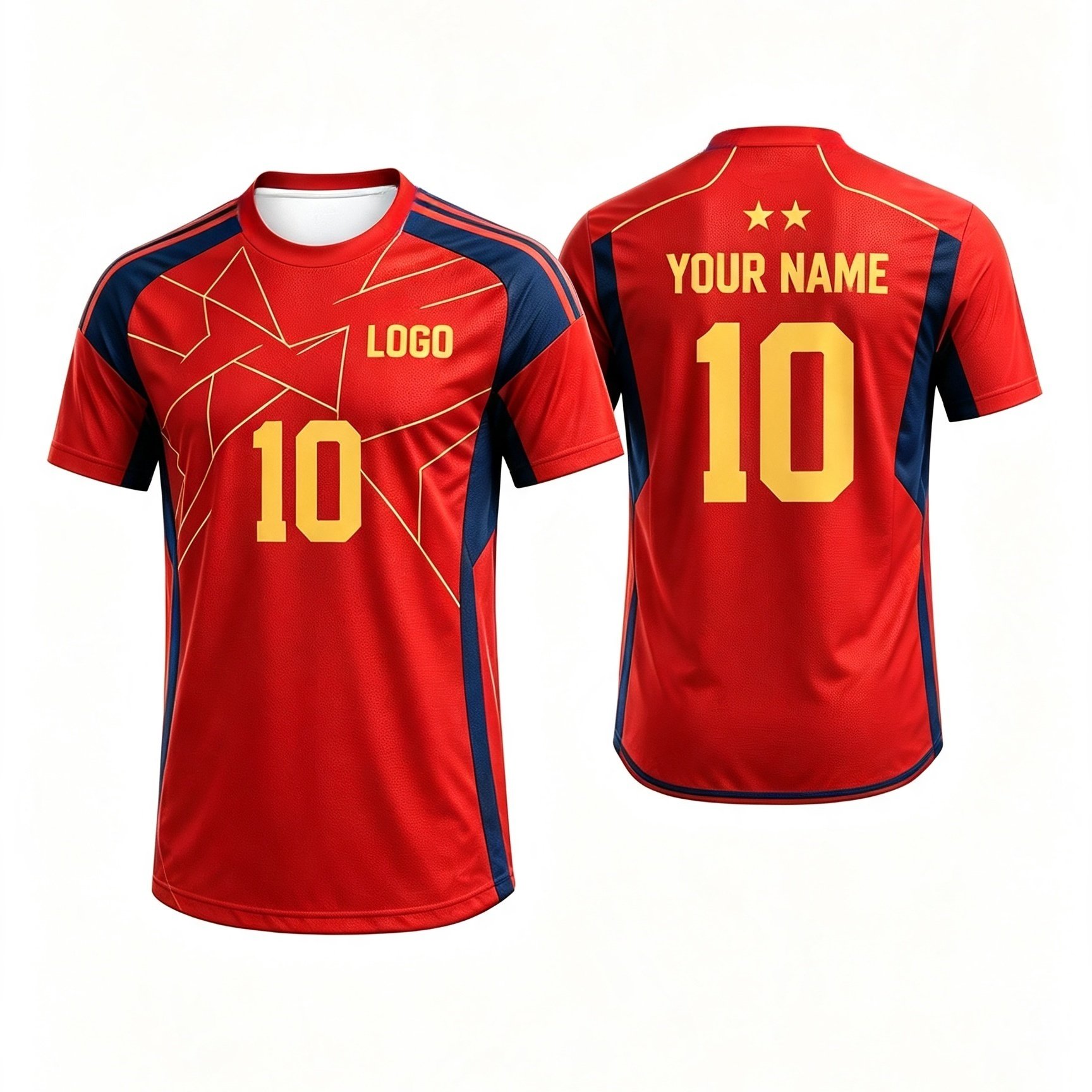 TEMU Spanish Red Navy Off-shoulder Round Neck Short Sleeve Soccer Jersey, With Golden Geometric Radial Star Pattern Print, Customizable With Logo,