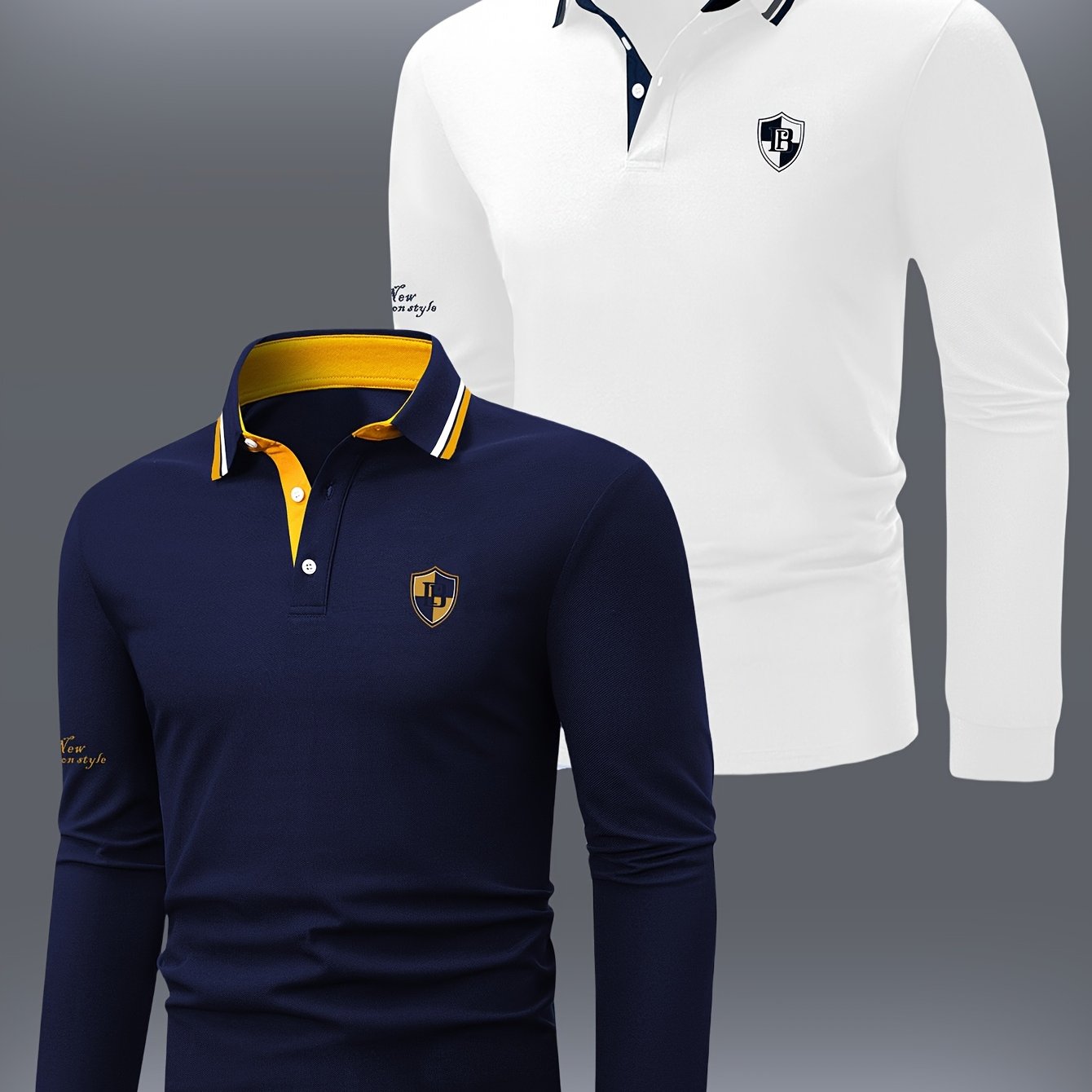 Image of 2pcs Men's Long Sleeve Shirts, Chest Letter Patch And Arm Letter Print Patterns, Contrast Machine Knit Collar, Spring/autumn Casual Wear