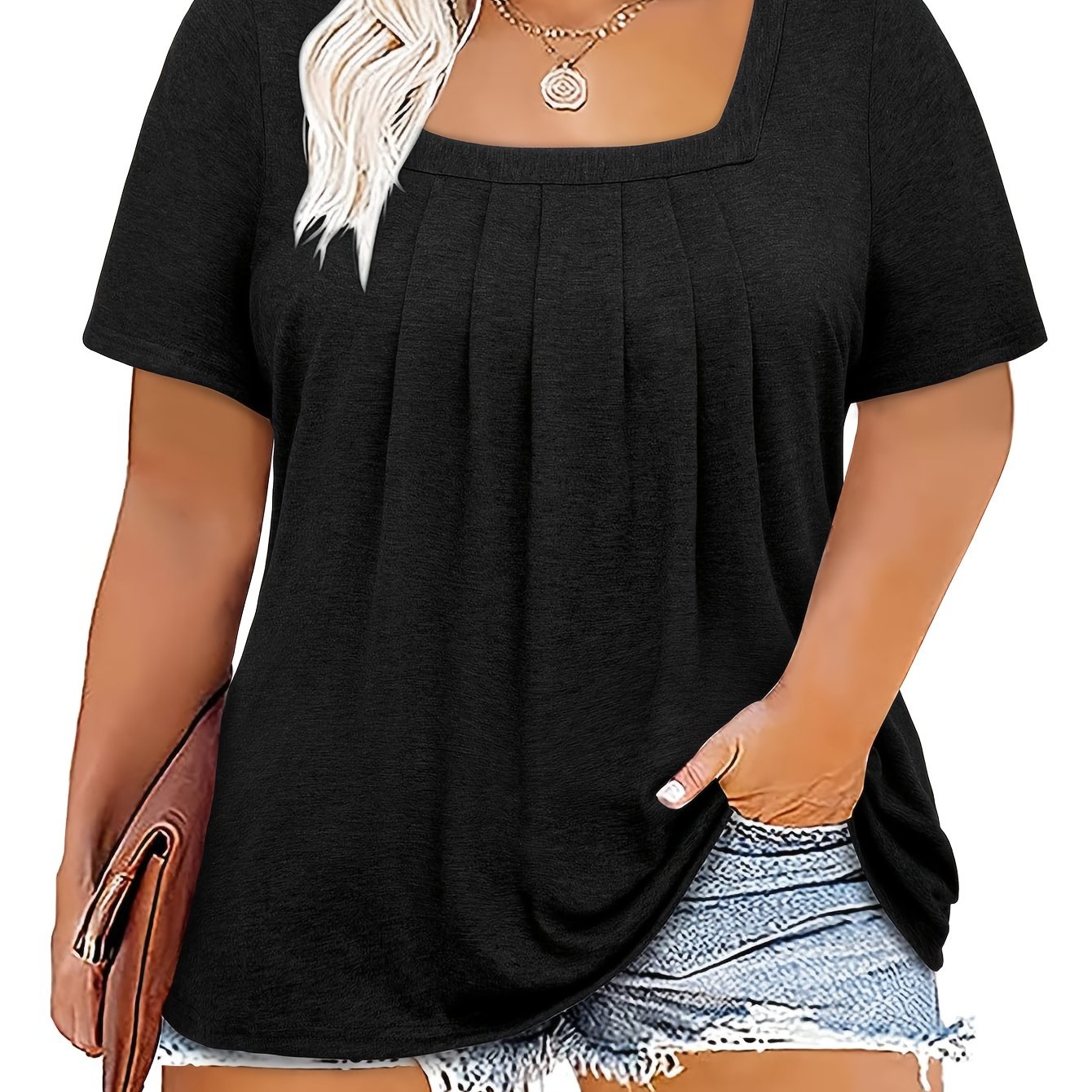 E-shop Plus Size - Plus Size - Plus Size Oberteile für Damen Kurzarm Stehkragen Sommer Lockerer Tunic Top für Leggings