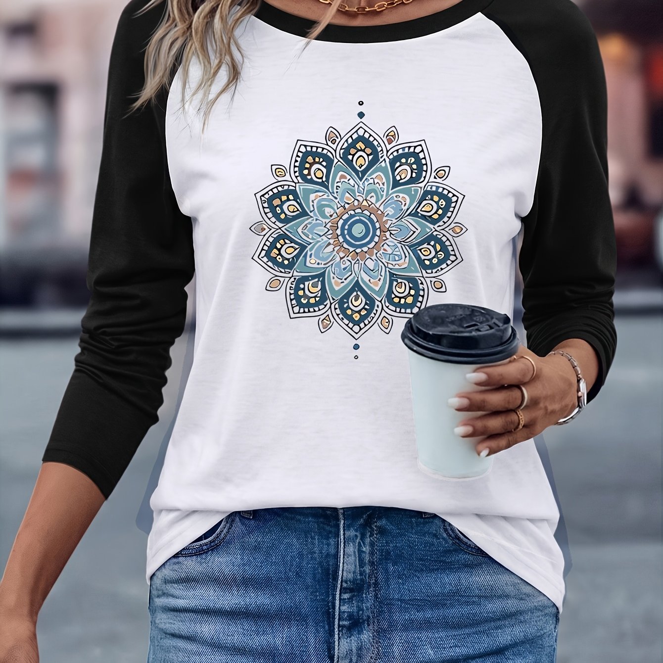 TEMU Blue Jazz Ethnic Style Colorful Mandala Pattern Printed Western Style Women's Top, Wear, Casual Versatile Comfortable Round Neck Color-block