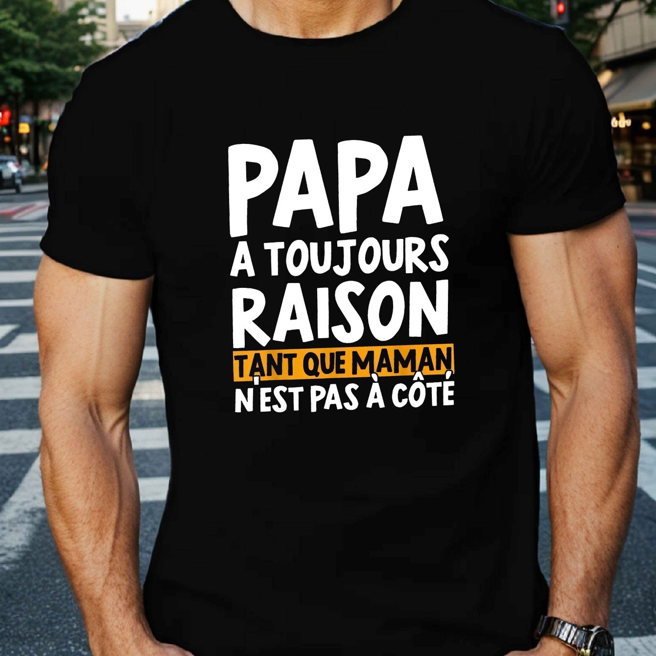 TEMU 1pc T-shirt décontracté à col rond pour hommes - Tissu tricoté 100% polyester avec légère extensibilité, motif géométrique, française "Papa a ",
