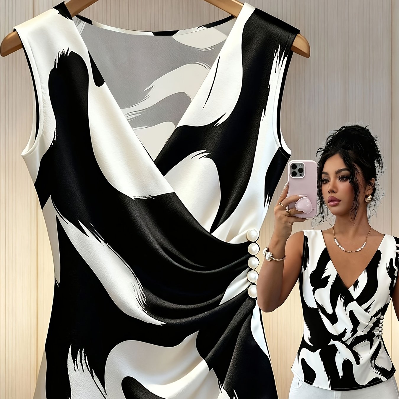 TEMU Plus Size Spring Summer New French Temperament Printed Cross V-neck Sleeveless Top Women's Pearl Pleated Vest