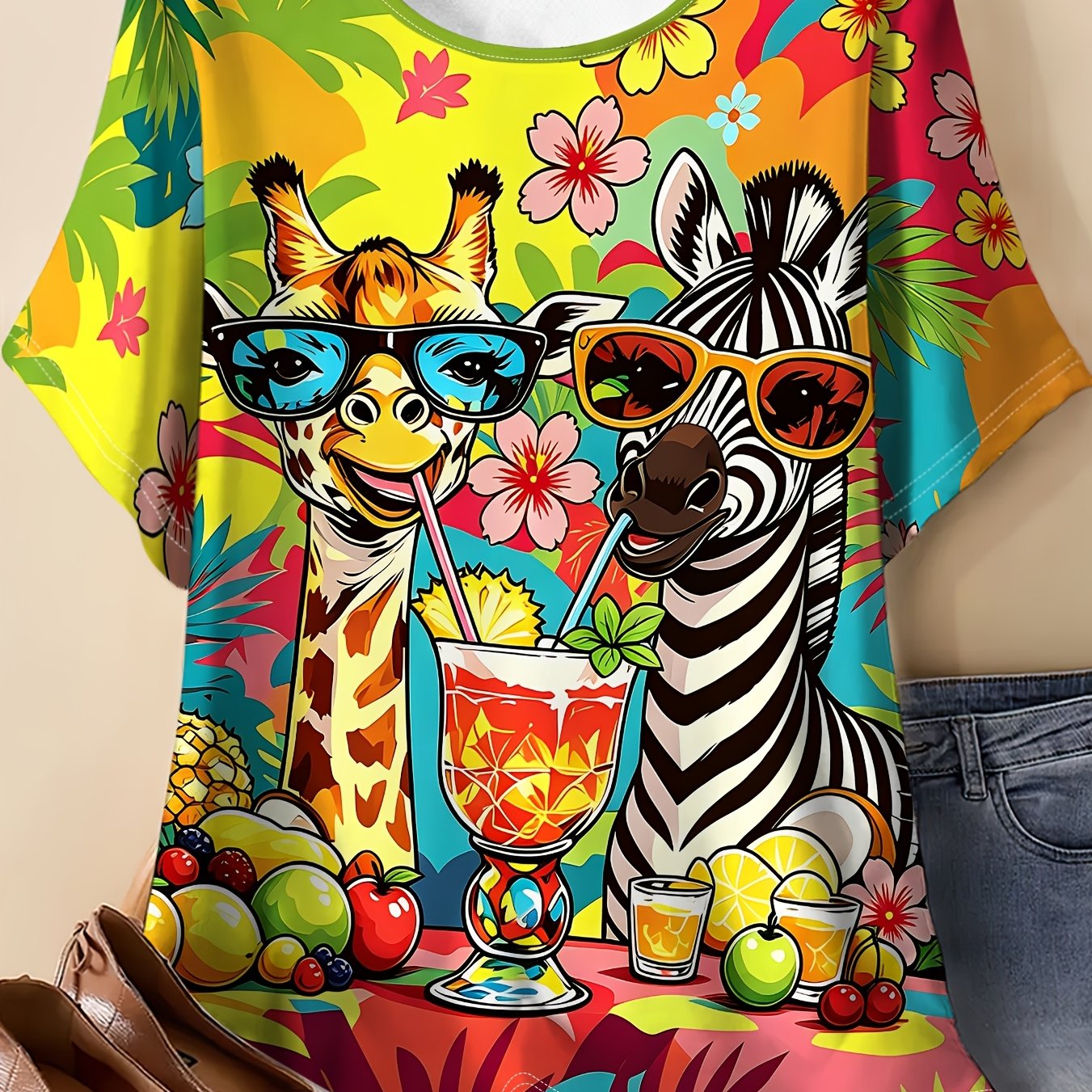 TEMU Summer Women's Plus Size Round Neck T-shirt With Pop Giraffe, Zebra, And Tropical Floral Print