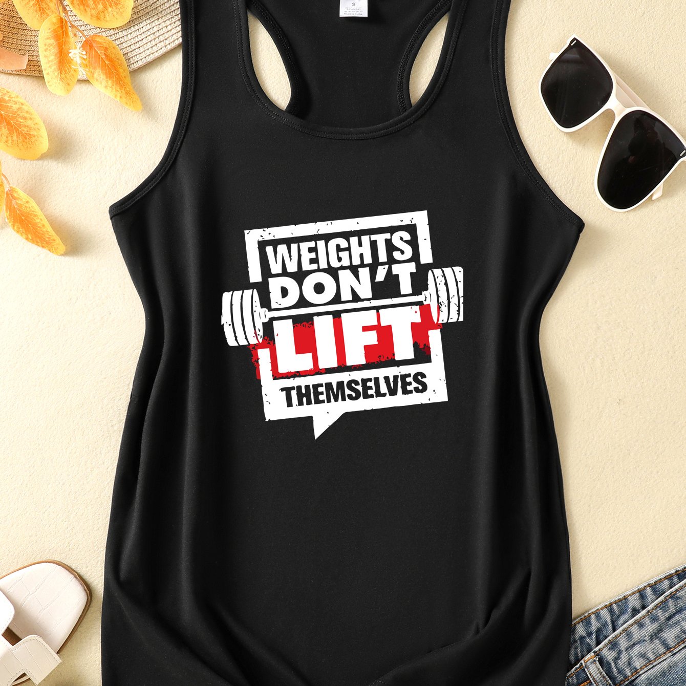 TEMU Barbell Print Y2k Women's Tank Top, In 5 Colors. A Comfortable, Breathable Sleeveless Design Perfect For Yoga, Fitness, Running, And Other