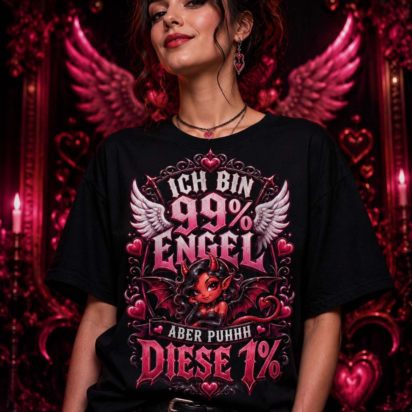 Image of Ich Bin 99 Percent Engel Aber Puhhh Diese 1 Percent Heart Print Graphic Neutral T Shirt Daily Casual Short Sleeve Black Loose Fit Season Tee