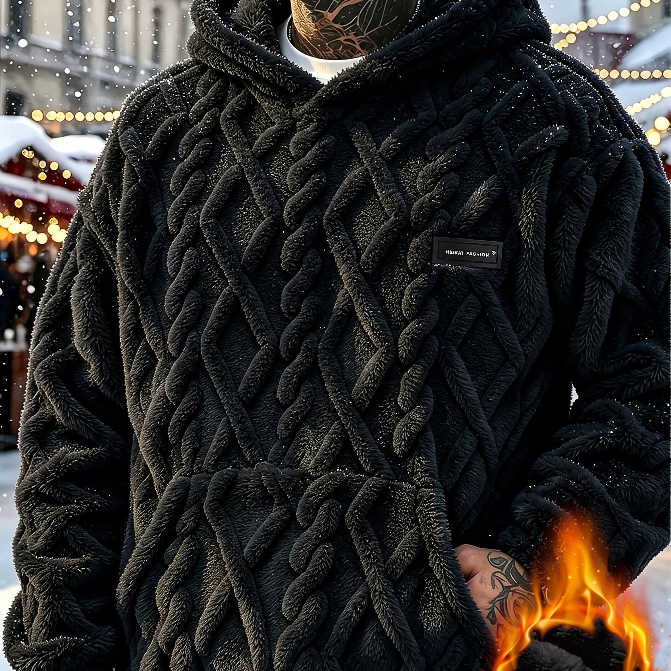 TEMU Autumn Winter New Christmas Men's Fleece-lined Hooded Sweatshirt Plush Jacquard Fabric Suitable For And Casual Leisure And Festive Gatherings