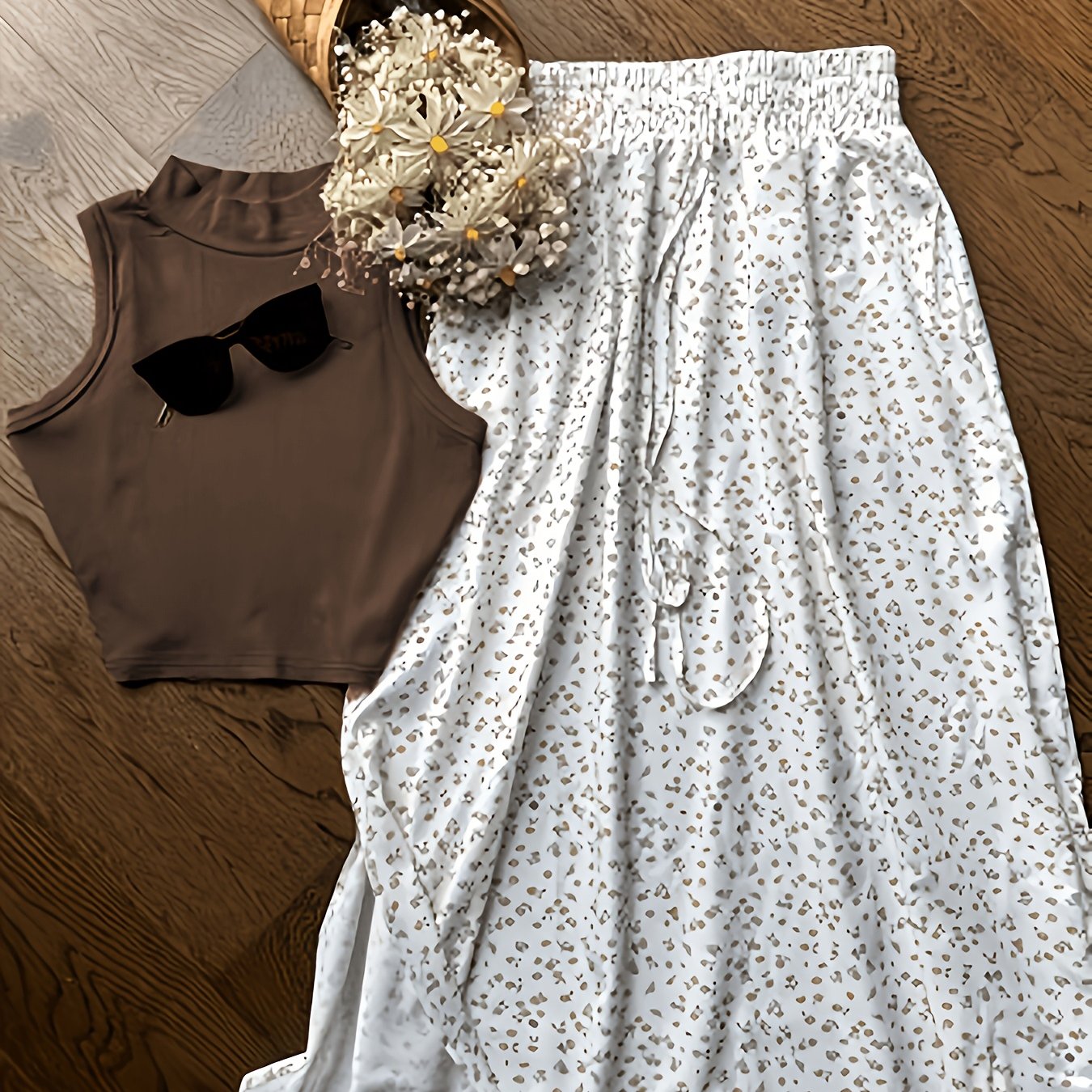 TEMU Women's Fashion For The Of 2025 Features An Elegant Style With , Fitted Sleeveless Top With A Semi-high Collar With A Floral Skirt. Made From