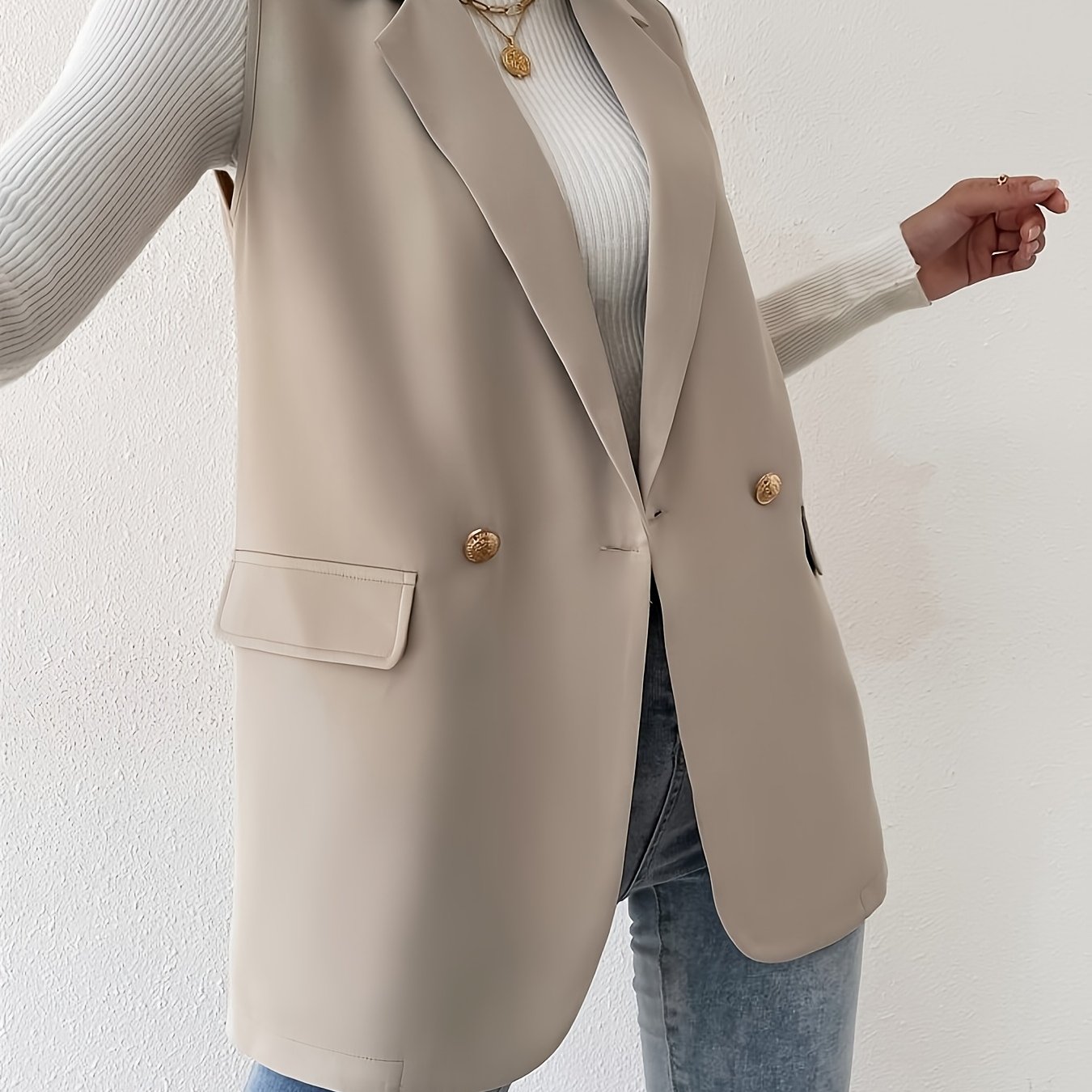 Women's Elegant Loose-fit Sleeveless Vest Coat - 100% Polyester Machine-washable Button-up Cardigan With Lapel Collar, Versatile Outerwear For Casual & Formal Wear