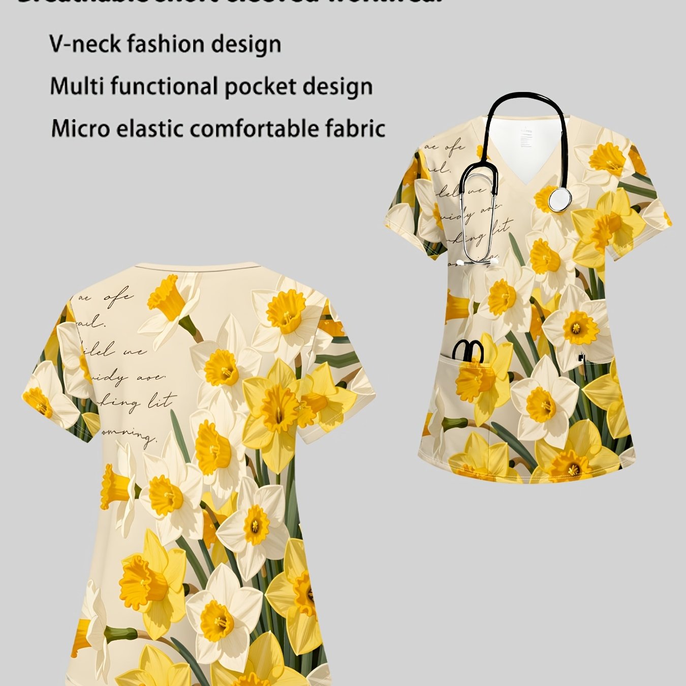 TEMU A Women's Uniform With Print On A , Featuring 2 Pockets And A V-neck. This Garment Showcases A Gentle Yellow And White Daffodil Print, Offering