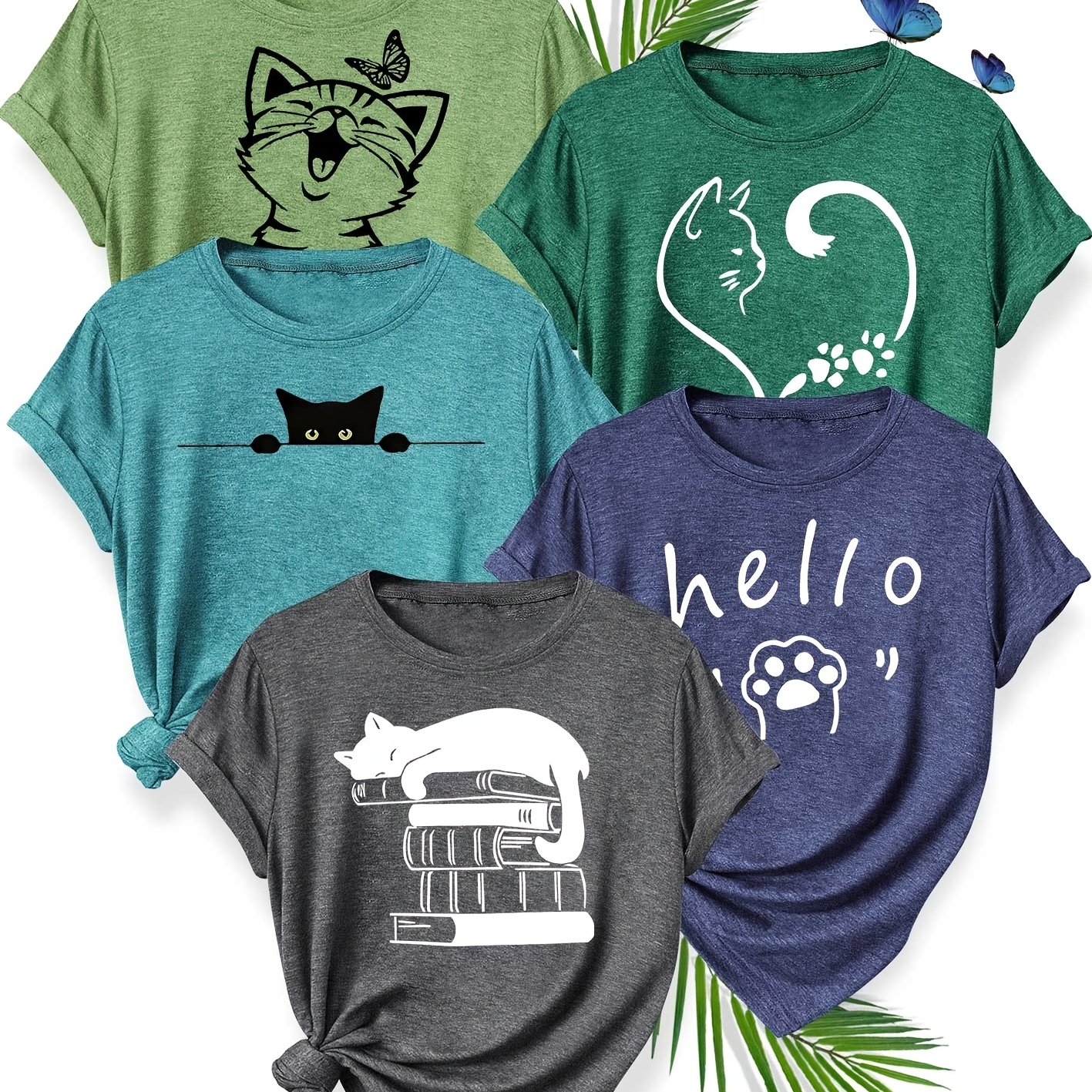 TEMU 5-teiliges Damen-Vintage-Katzenprint-T-Shirt-Set – Niedliche Kätzchen- & Herz-Muster Kurzarmblusen, S-XXL (Mehrfarbige Optionen) | Lässige