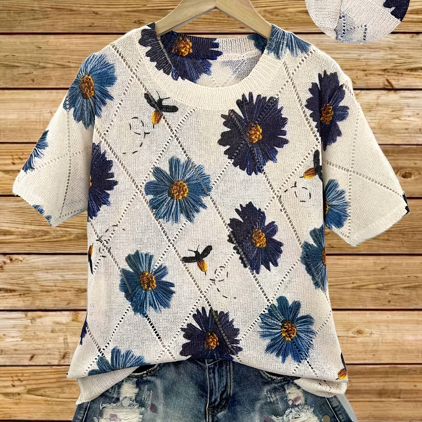 TEMU Haut pour femme grande taille, pull polyvalent à manches courtes avec motif à plat 2D à imprimé numérique plat à motif floral, mode