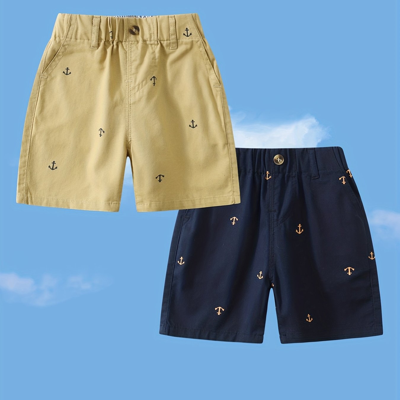 Image of 2-pc Toddler Boys' Athletic Shorts With Pockets Pull-on Design Active Adorable Anchor-print, Baby Soft And Breathable Casual Summer Shorts For Kids 1-7 Years, For Outdoor