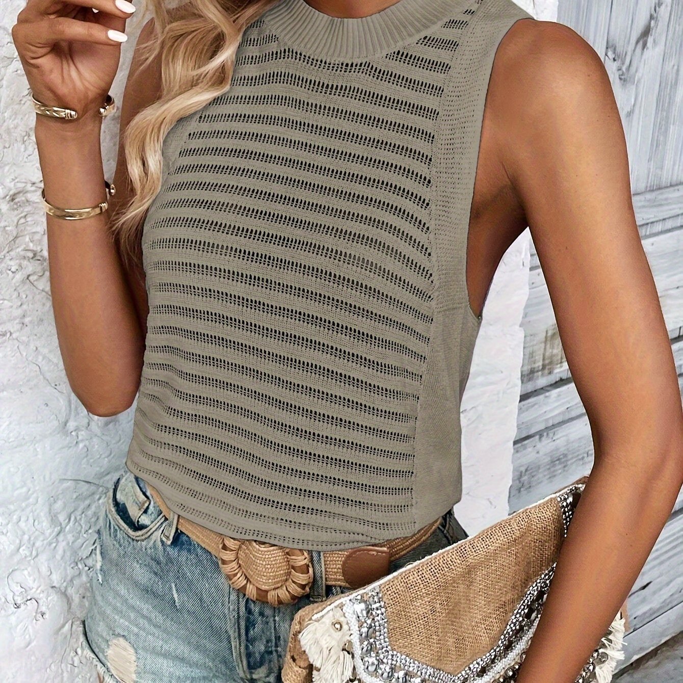 E-shop YX2403 Damen Pullover Weste in Unifarben, Rundhalsausschnitt, Lochmuster, Ärmellose Freizeitweste für Frühling, Sommer Herbst