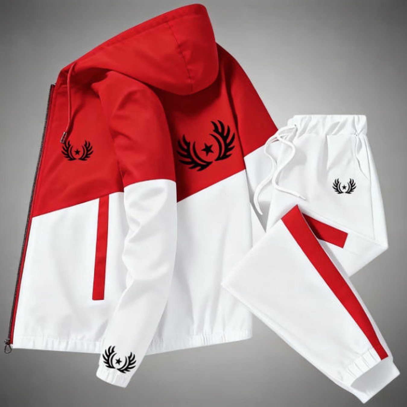 Image of Men's Hooded Tracksuit Set, Street Style Star Graphic Zip-up Jacket And Jogger Pants, Fall Winter Casual Sportswear Holiday Gift