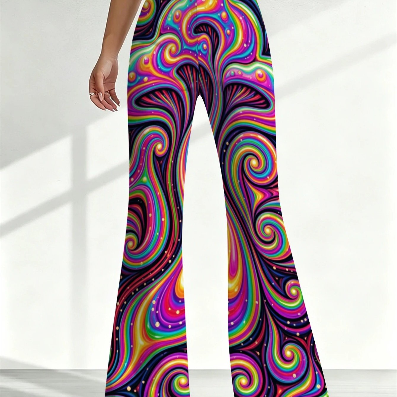 TEMU Lianyaoshi Women' Psychedelic Swirl Print Flared Bell-bottom Pants - Vibrant Multicolor Bell Bottoms Suitable For Lounge, Festival, Studio Wear,