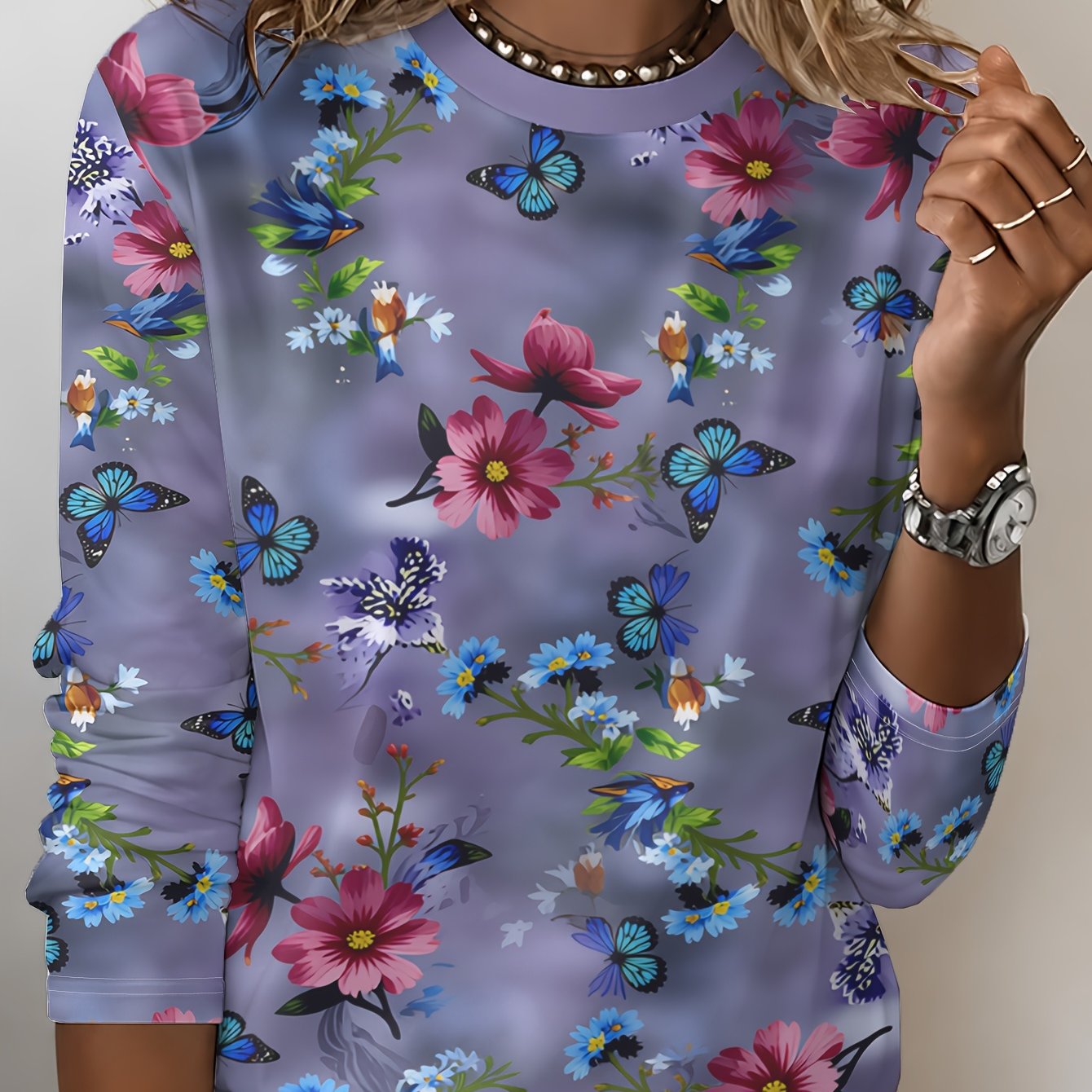 TEMU Plus Size - Plus Size - Floral Print T-shirt, Long Sleeve Round Neck Casual Top, Spring/autumn Season, Women's Clothing