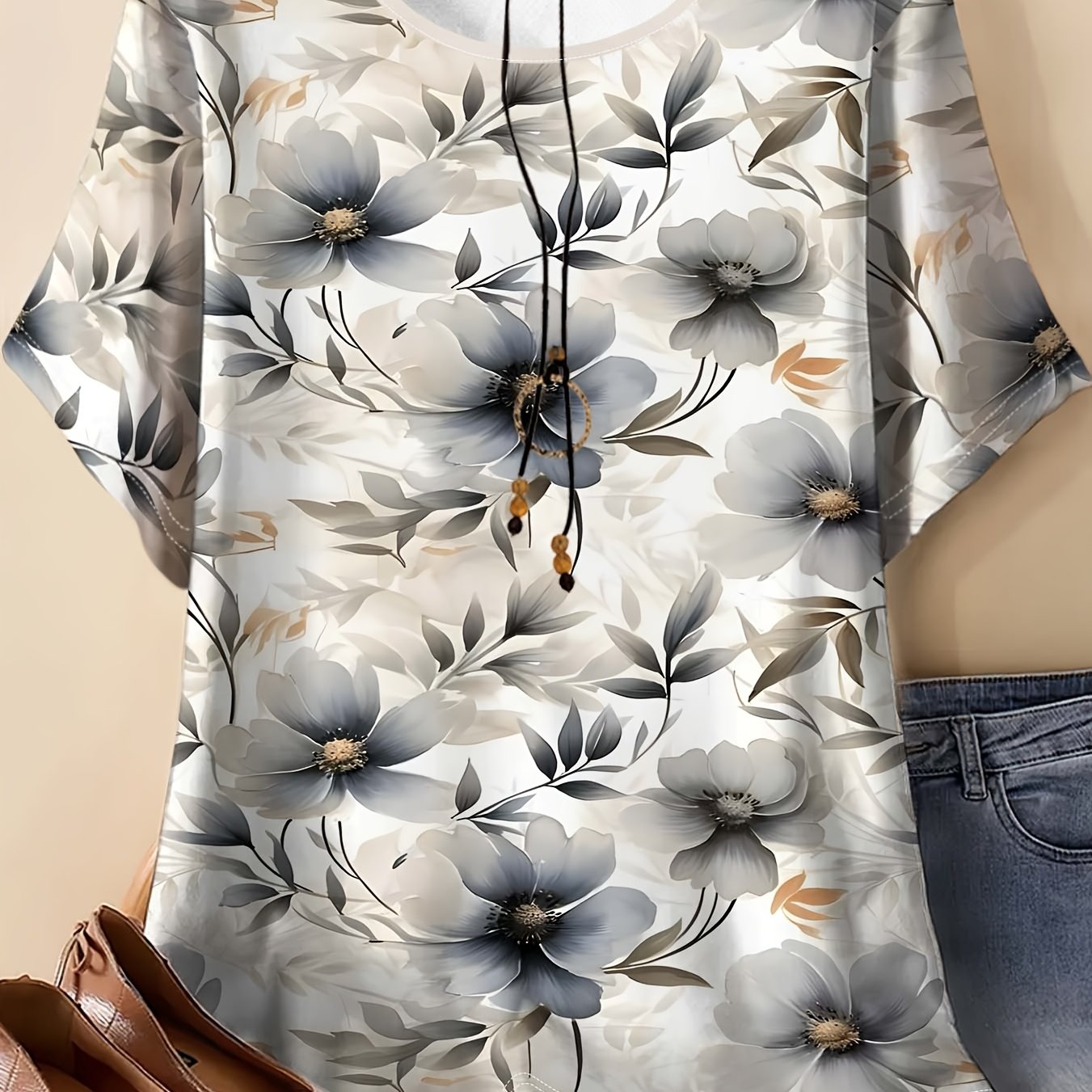 TEMU Plus-size Women's T-shirt, Featuring A Cream Base With Blue-gray Tie-dye Floral Patterns As The Highlight: Base A Gentle And That Enhances